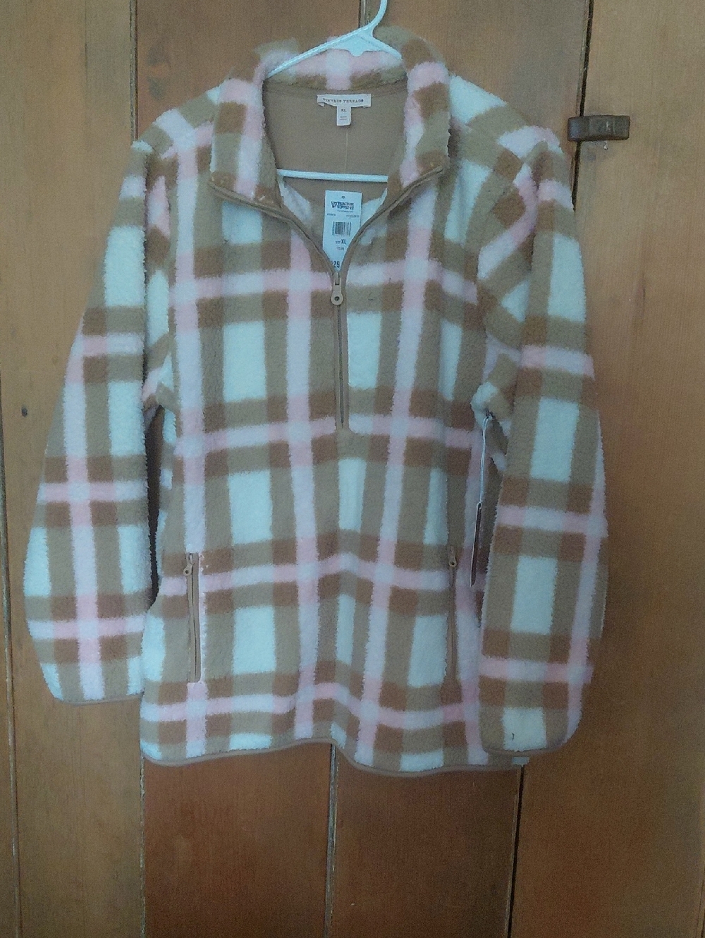 Cozy Plaid Quarter-Zip Fleece Pullover - Cream, Tan & Pink Tractor Supply XL NWT